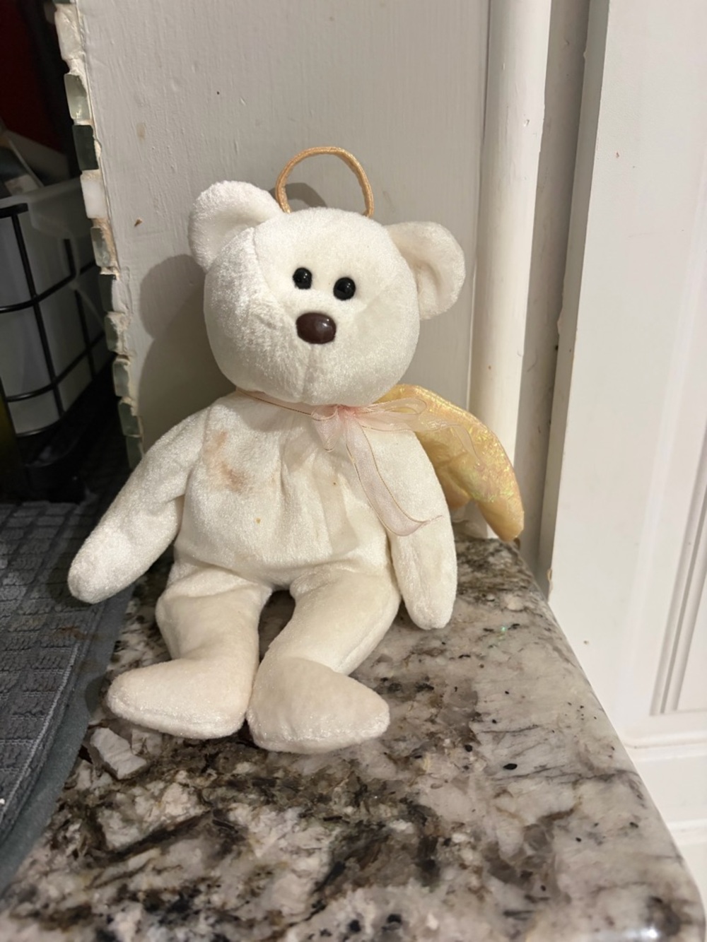 White Plush beanie baby Angel Bear with Gold Wings